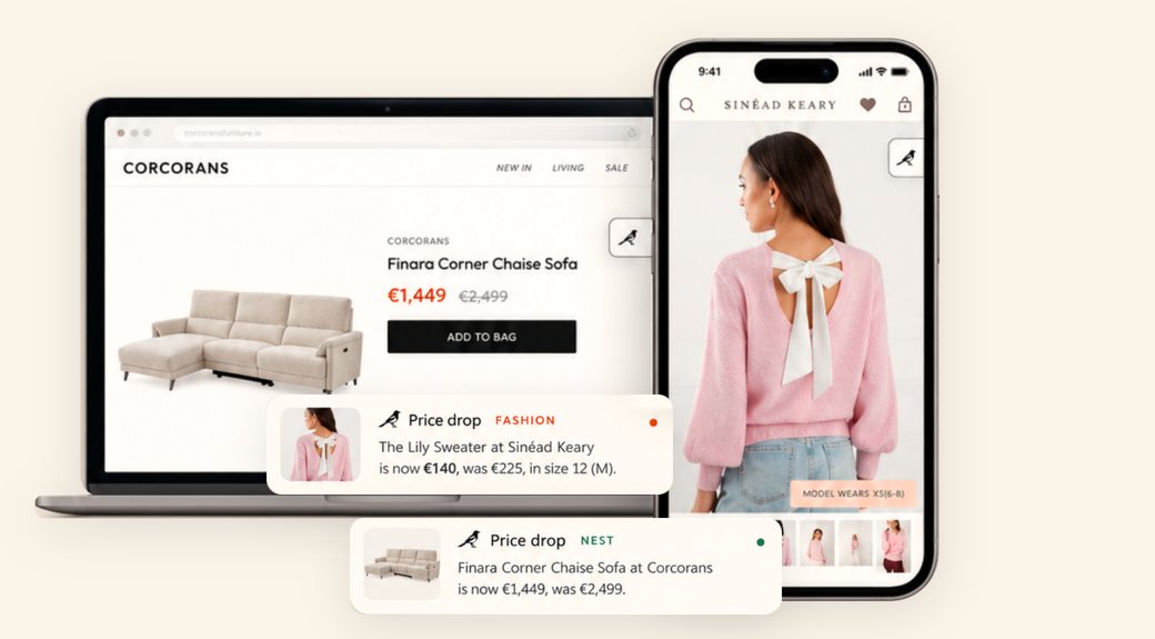 The Magpie tab on a Corcorans sofa page and a Sinéad Keary sweater, with two price-drop alerts
